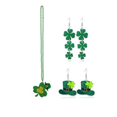 Imagem de QLUYCKW Conjunto de brincos de colar de dia de São Patrício para mulheres, moda, verde, trevo de três folhas, brincos com pingente de trevo boa sorte, dia de São Patrício, acessórios de férias, joias