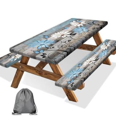 Imagem de Capa de mesa de piquenique com capas de banco, capa de mesa elástica à prova d'água, à prova de vento, itens essenciais de acampamento, toalha de mesa de borboleta floral com cordão para festa de