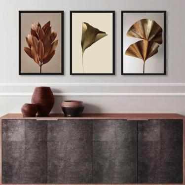 Imagem de Kit 3 Quadros Elegantes Flores Marrom E Dourado 45X34Cm