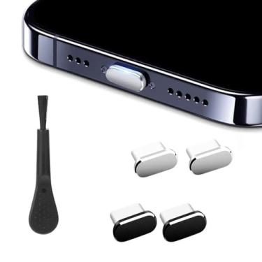 Imagem de 2 peças pretas 2 peças de plugue de poeira USB C prata com 1 escova de limpeza, capa de porta de carregamento tipo C, capa de plugue USB-C antipoeira, tampas de porta de carregamento, protetores de