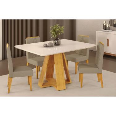 Imagem de Conjunto: Mesa Sala Jantar Celeste c/ Tampo Madeirado c/ Vidro Curvo 120x90cm e 4 Cadeiras Lia Cedro/Off White - Linho Bege DJ Móveis