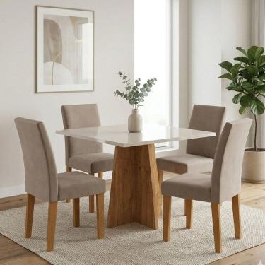 Imagem de Conjunto Sala de Jantar 4 Lugares Quadrada Cadeiras Estofadas Espanha Yescasa Bege