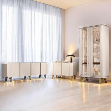 Imagem de Conjunto Decorativo com 1 Cristaleira e 2 Buffets Texas Virginia Bambino 4 Portas 3 Prateleiras MDP e MDF Off White Gran