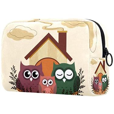 Imagem de Bolsa grande para maquiagem Happy Owl Family bolsa com zíper bolsa organizadora de cosméticos de viagem para mulheres e meninas 18,5 x 7,6 x 13 cm