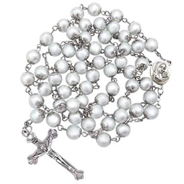 Imagem de Nazareth Store Rosário de pérolas brancas de casamento, colar de oração feito à mão com medalha de solo sagrado e crucifixo da cruz de Jesus