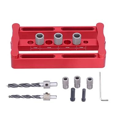 Imagem de Garosa Kit de gabarito de cavilha, localizador de furos, localizador de perfuração de pino de cavilha, ferramenta de perfuração de placa lateral de marcenaria, ferramenta de perfuração com chave inglesa, broca de 2 furos vermelha para marcenaria, serra de furo