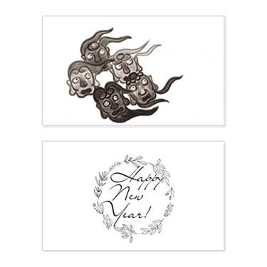 Imagem de Cartão de felicitações de Ano Novo Cinco Goblins Estilo Tinta Chinesa Mensagem Presente