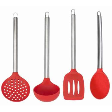 Imagem de Jogo 4 Peças De Utensilio Silicone Resistente Com Cabo Inox Espatula Colher Concha Escumadeira