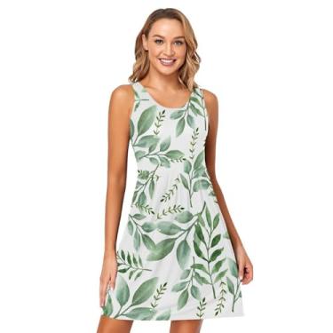 Imagem de KLL Aquarela Green Leafs Vestido de verão feminino vestidos curtos vestidos sem mangas vestidos curtos, Folhas verdes em aquarela, M