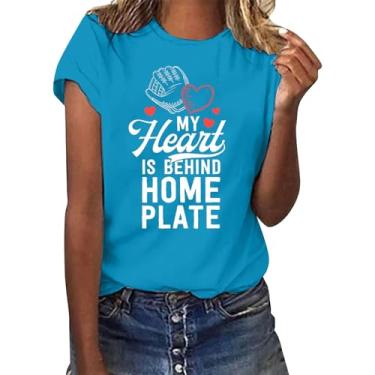 Imagem de Camiseta PKDong Baseball Mom My Heart is Behind Home Plate Letter Printed Shirts Manga Curta Gola Redonda Casual Verão Camisetas Tops, Azul, XXG