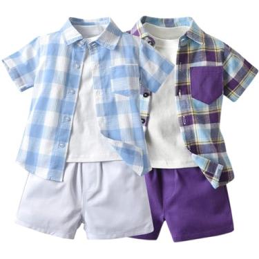 Imagem de SANGTREE Roupa de smoking para bebês, camisa xadrez + calça suspensória, Pacote com 2 azul/roxo, 12-18 Meses