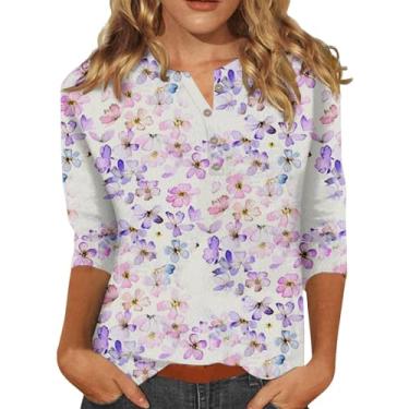 Imagem de Camisetas femininas casuais 2024 manga 3/4 com estampa floral, botão e gola V, blusas básicas de verão, Roxa, 3G