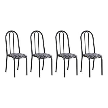 Imagem de Kit 4 Cadeiras De Cozinha Flórida Estampado Preto Listrado Pés De Ferro Preto