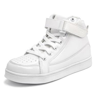 Imagem de IGxx Sapatos de lantejoulas para crianças, meninos, modernos, brilhantes, dourados, brilhantes, tênis de cano alto para meninas com gancho e laço, Branco, 17
