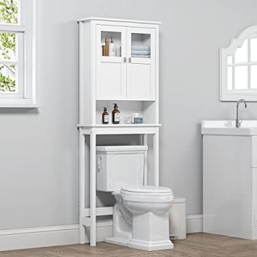 Imagem de Spirich Armário de banheiro sobre vaso sanitário, armário de armazenamento de banheiro com portas de vidro e prateleiras ajustáveis, armário de armazenamento sobre o vaso sanitário, branco
