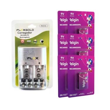 Imagem de Kit 6 Bateria Recarregável 9v Elgin + Carregador Aa/aaa/9v Bateria Pilha