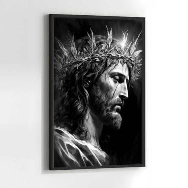 Imagem de Quadro Jesus com Coroa Espinho Preto e Branco com Moldura Decorativo 90x60 Sala de jantar Quarto Decoração Vertical Parede