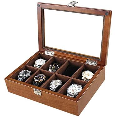 Imagem de Caixa de exibição de relógio, capa de vidro, 8 compartimentos, bandeja com tampa, suporte de travesseiro, madeira, 28x20x8cm /513