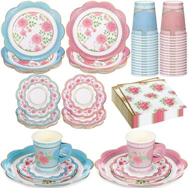 Imagem de FillTouch Conjunto de 200 xícaras de chá e pires de papel floral, serve 50 xícaras de 255 g com alça, pratos, guardanapos para decorações de chá