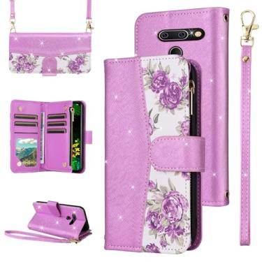 Imagem de Furiet Capa carteira floral para LG G8 ThinQ com fecho de correr e alça de ombro, capa de telemóvel com suporte de cartão de couro PU com glitter de luxo para LGG8 Thin Q G 8 LG8 G8thinq LGG8thinq 8G