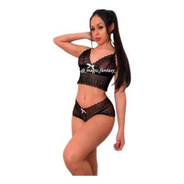 Imagem de Conjunto Sexy Lingerie Calcinha Cropped Sem Bojo Com Renda - Magic Fan