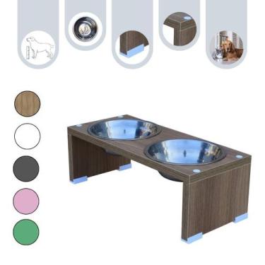 Imagem de Comedouro Elevado Duplo Gato Cachorro Pet MDF Nick Amadeirado - Inox -