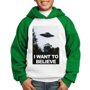 Imagem de Moletom Infantil I Want To Believe - Foca na Moda, Branco, Verde, 12