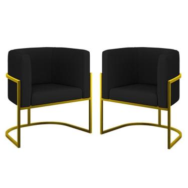 Imagem de Kit 02 Poltronas Lua Sala Decorativa Base Ferro Gold Corino Preto