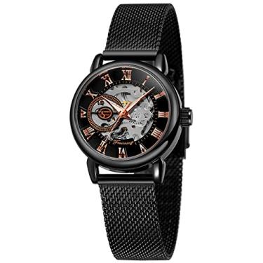 Imagem de Gosasa Relógio esqueleto feminino moderno relógio mecânico oco pulseira de malha luminosa numerais romanos casual relógio de pulso feminino, Ouro rosa preto, L, Tendência