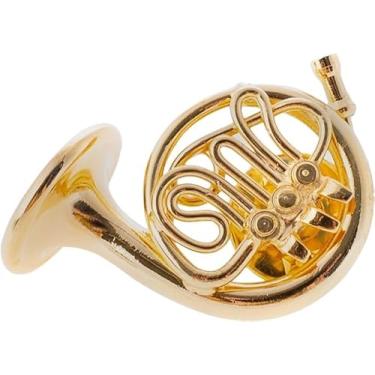 Imagem de The Bridge Collection Broche de chifre francês em miniatura de latão dourado de 3,8 cm - Broche de lapela de instrumento musical - Mini trompete colecionável - presente para músicos - presente para