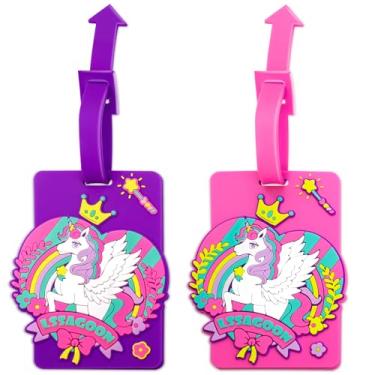 Imagem de LSSAGOON Etiqueta de bagagem infantil silicone unicórnio para meninas, 2 etiquetas fofas para mochila, malas, lancheiras, livros, bolsas esportivas. Essenciais de viagem e identificação de pertences.