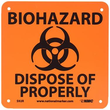 Imagem de NMC S92R Graphic See Sign, Legend "BIOHAZARD- DISPOSE OF PROPERLY", 17,78 cm de comprimento x 17,78 cm de altura, plástico rígido, preto sobre laranja