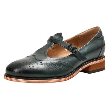 Imagem de Mona flying Sapato feminino de couro Wingtip Oxford Mary Jane Mocassim casual com tira em T para mulheres, Esverdeado, 36