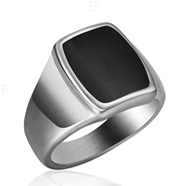 Imagem de Elfasio Anel de sinete sólido polido anéis de aço inoxidável para homens mulheres anel de dedinho para polegar, presente ideal para pai e namorado, prata preto, Metal, Ônix sintético