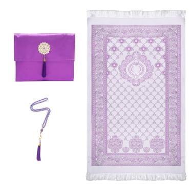Imagem de Lenmipot Tapete de oração Namaz muçulmano cobertor portátil Ramadã oração tapete macio islâmico Eid conjunto de tapete de presente com contas tapete fino muçulmano - roxo