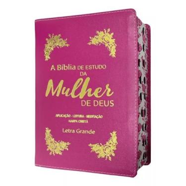 Imagem de Bíblia de estudo da mulher de deus  letra grande  com harpa e índice  