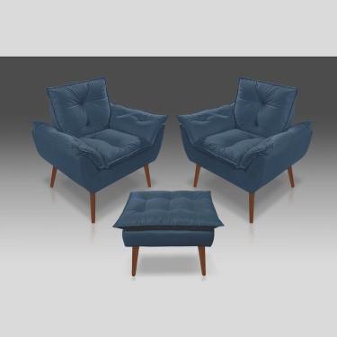 Imagem de Kit 02 Poltrona Opala Com Fibra Siliconada + 01 Puff Opala Suede Azul Marinho -Pandora Decor