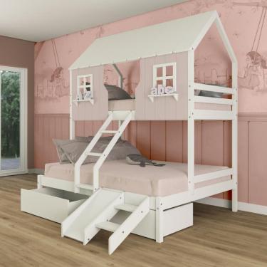 Imagem de Beliche Casal/ Solteiro Casinha Encantada com 02 Gavetas Kit Escada/ Escorregador Madeira Maciça Rosa/ Branco Megamobilia