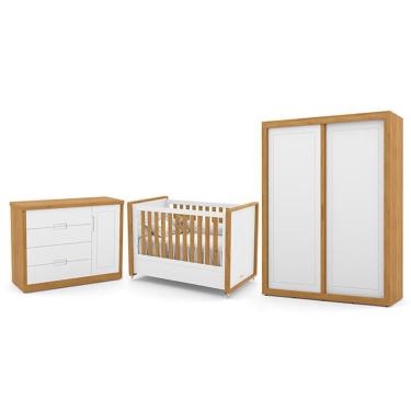 Imagem de Dormitório Tutto New 2 Portas, Cômoda 1 Porta e Berço - Matic Móveis Branco Soft/Freijó