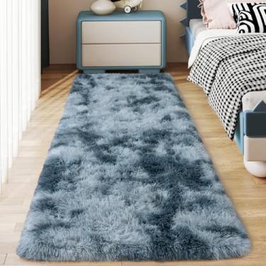 Imagem de Ailyei Tapetes macios para corredores de quarto, 5 x 15 cm, tingidos, azul, cinza, felpudo, antiderrapante, para dormitório, tapete peludo longo para berçário, sala de estar