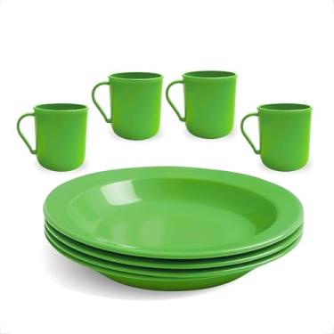 Imagem de Kit Plástico 4 Pratos + 4 Canecas 400ML Conujunto Para Festas infantil Crianças Escolas Creches (Verde)