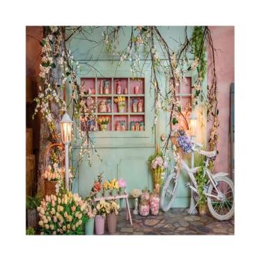 Imagem de DORCEV Pano de fundo de floricultura de 3 x 3 m para fotografia, bicicleta, ramos de flores de tulipas, fundo verde florista, chá de bebê, casamento, festa de aniversário, retratos de crianças