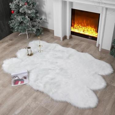 Imagem de linmopm Tapete de pele sintética de pele de carneiro felpudo fofo branco 1,2 x 1,8 m para quarto, cabeceira, cama, chão, sala de estar, tapete de pelúcia de alta densidade, super capa de sofá
