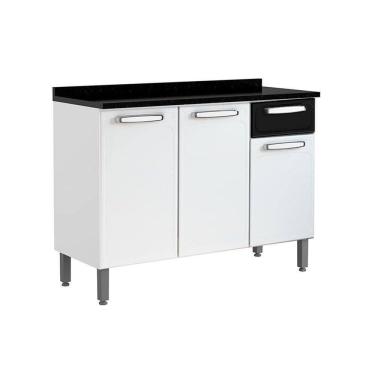 Imagem de Gabinete de Cozinha Modulado Balcão c/ Tampo Evidence 7122 c/ 3 Portas e 1 Gaveta 120cm Branco/Preto - Bertolini