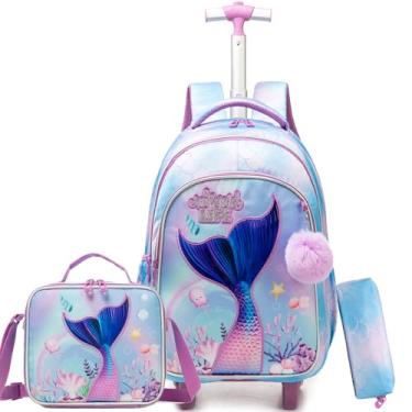 Imagem de ZBAOGTW Mochila de rodinhas para crianças com rodas, mochilas de viagem para crianças, 3 peças, mochila para meninas e meninos com lancheira, Roxo sereia