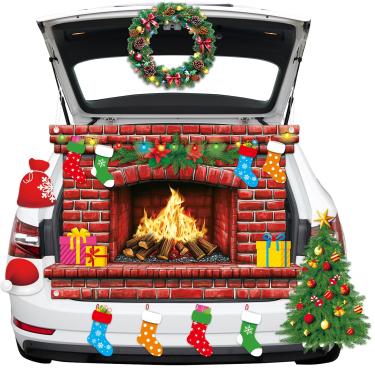 Imagem de Lonfliness Kit de decoração de carro com 9 peças para porta-malas de Natal com pano de fundo de lareira para férias de inverno, guirlanda de árvore de Natal, cana doce, recortes de presente para SUV,