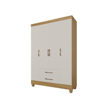 Imagem de Guarda Roupa 4 Portas com 2 Gavetas Armário de Quarto com Cabideiro Prateleiras e Puxadores Modernos (Freijo/Off)