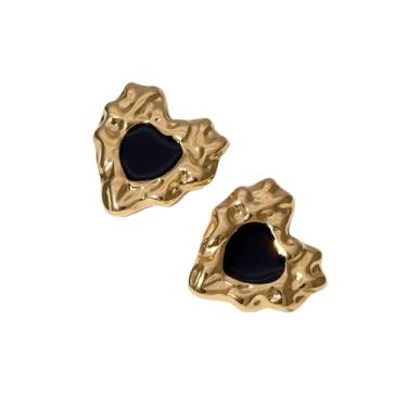 Imagem de Brincos femininos de aço inoxidável em forma de coração de amor banhados a ouro 18 k sem desbotamento com design irregular de martelo em forma de coração, one size, Aço inoxidável, Sem pedra preciosa