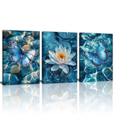 Imagem de 3 peças de arte de parede em tela de borboleta zen calma, imagens de lago de lírio de água azul pedras zen pinturas de flores de lótus brancas yoga spa meditação espiritual sala pintura decoração