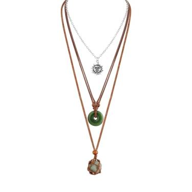Imagem de MINACHI Colar boêmio em camadas com pingente de sol, disco verde e pedra embrulhada, cordão ajustável estilo hippie para mulheres